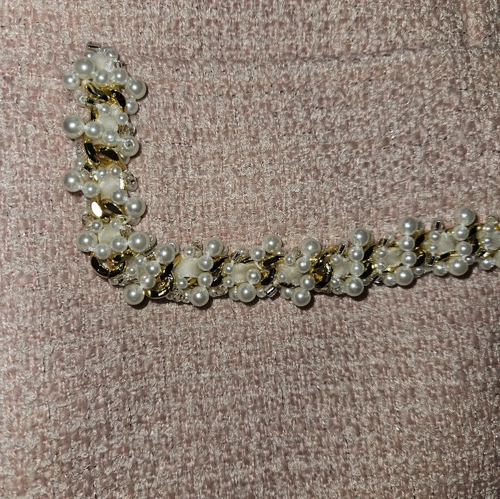 Lefung Pink Tweed Pearl Trim Details Mini Dress High Neck Short Sleeve - Size L - Picture 5 of 7